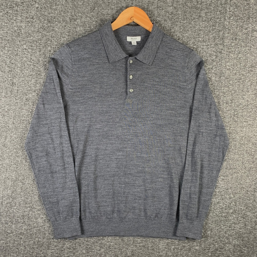 Reiss Wool Polo Sweater Men Medium Gray Modern Preppy Luxury Soft